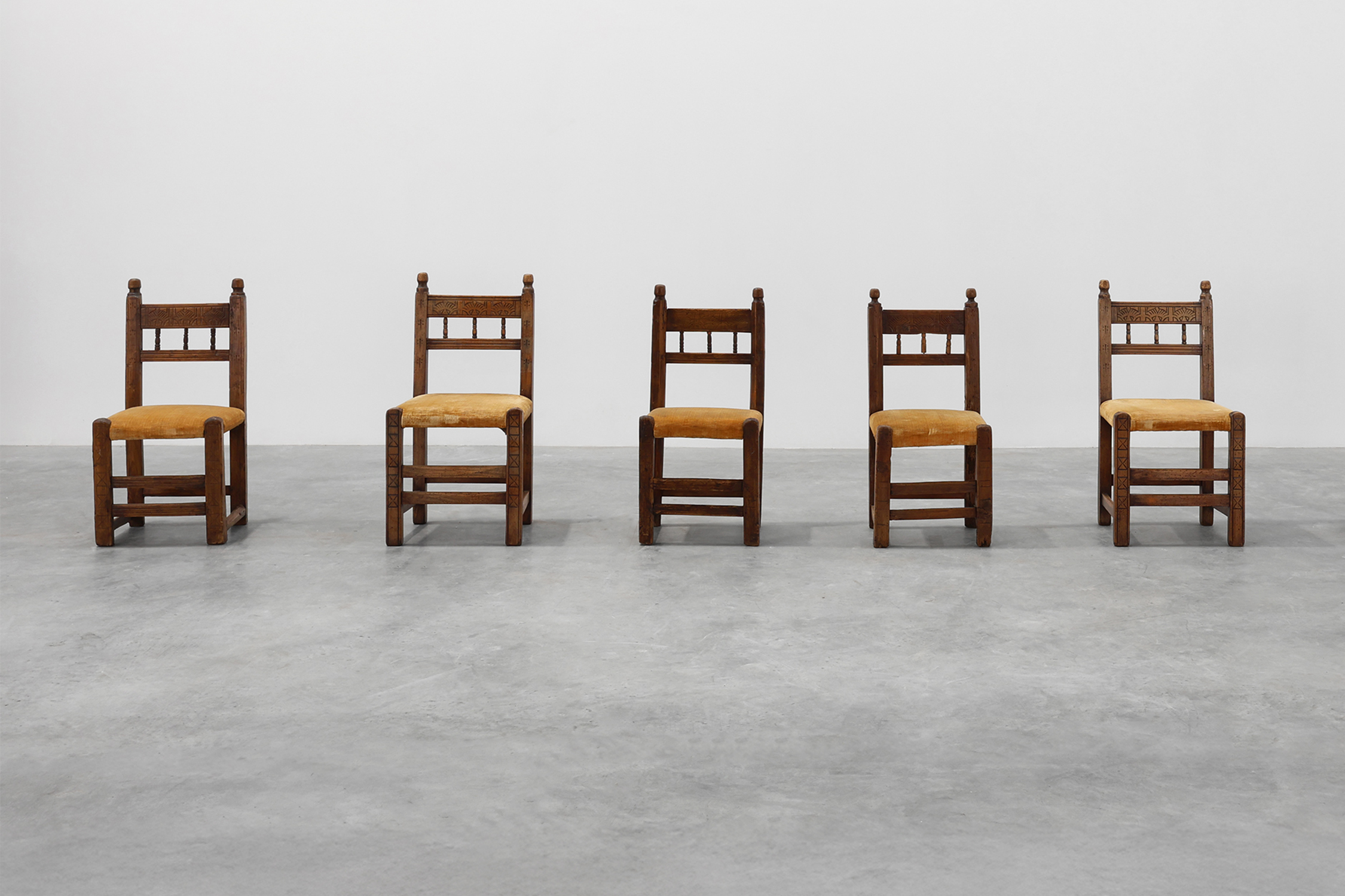 Five 19th Century Spanish Hand-Carved oak Side Chairs with Velour Seatthumbnail